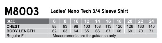 W.S. Ladies Nano Tech 3qtr Shirt size chart