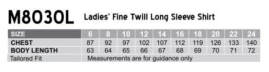 Ladies Fine Twill L/S Shirt size chart