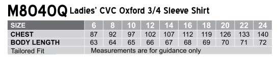 Ladies CVC Oxford 3qtr Shirt size chart
