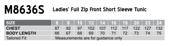 Ladies Full Zip Front Tunic size chart