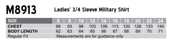 Ladies Military 3Q Shirt size chart