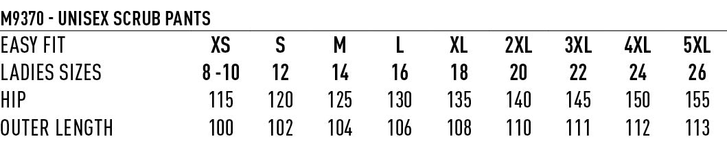 Winning Spirit Unisex Scrub Pant size chart