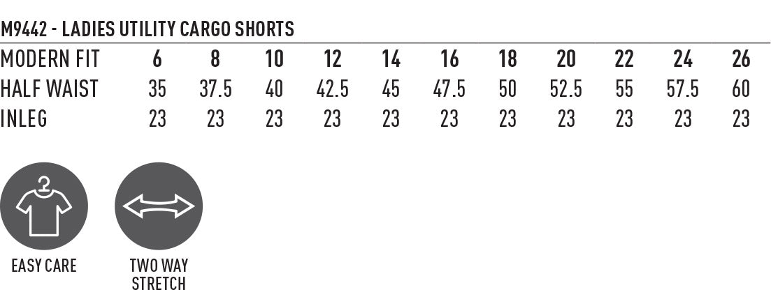 AIW Utility Ladies Cargo Short size chart