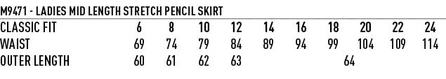 Ladies Stretch Mid Length Pencil Skirt size chart