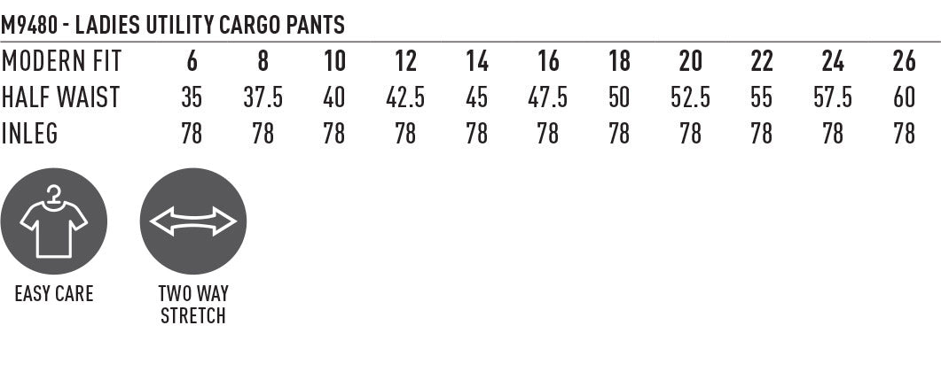 AIW Utility Ladies Cargo Pant size chart