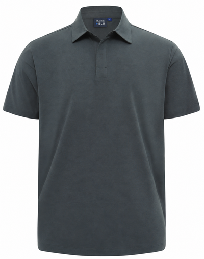 A dark gray short-sleeve polo shirt with a classic collar and a two-button placket, shown on a plain white background.