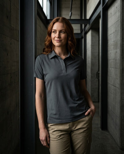 A woman with red hair stands in a modern concrete corridor wearing a dark charcoal gray short-sleeve polo shirt and khaki cargo pants.