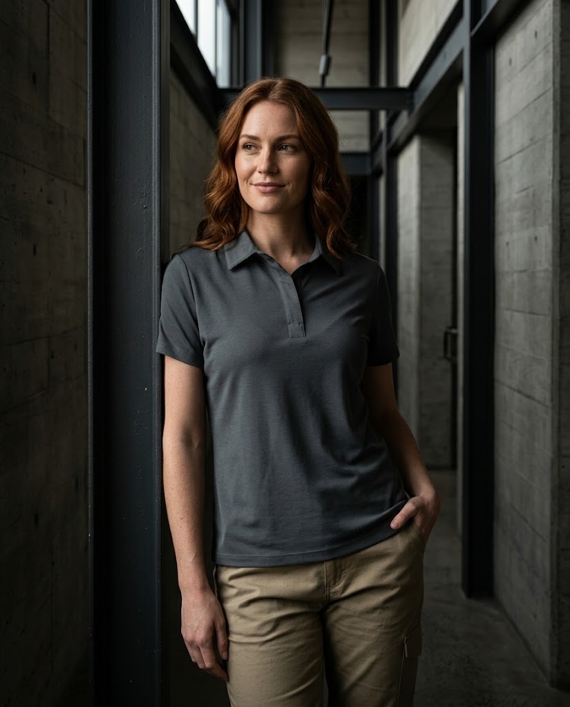 A woman with red hair stands in a modern concrete corridor wearing a dark charcoal gray short-sleeve polo shirt and khaki cargo pants.
