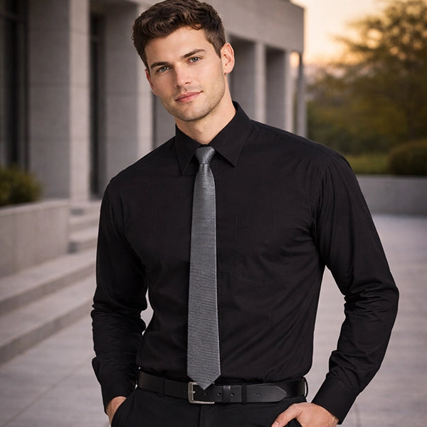Man wearing black business shirt in Australia for corporate uniforms and professional office workwear