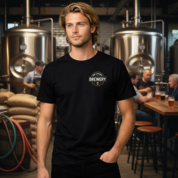 Brewery staff wearing branded merchandise t shirts in Australia for hospitality uniforms and promotional apparel
