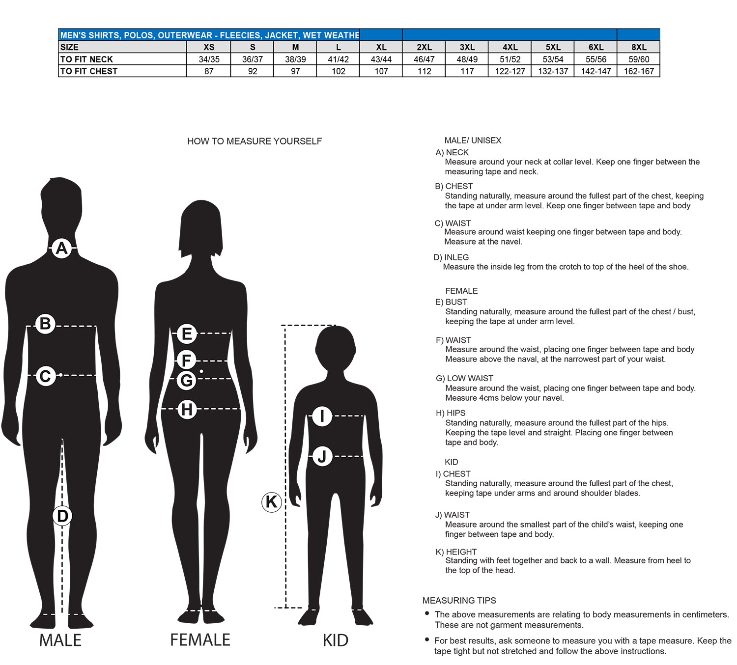 Cotton Shirt With CSR Tape size chart