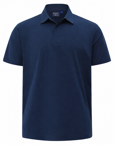 A navy blue short-sleeve polo shirt with a collar and a three-button placket, shown on a plain white background. The brand label 'MARC BOU' is visible inside the collar.