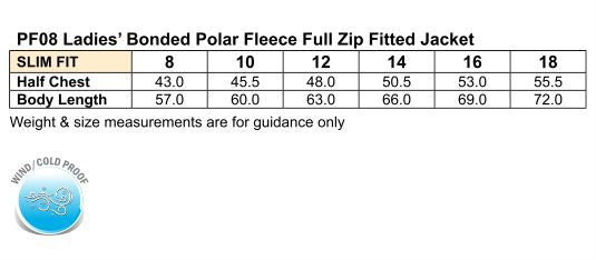 Ladies Bonded Polar Jacket size chart