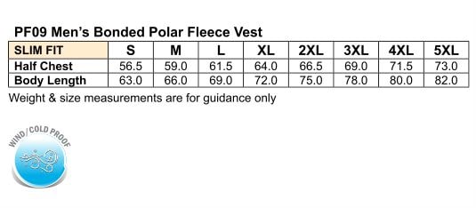 Bonded Polar Vest size chart