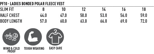 Ladies Bonded Polar Vest size chart