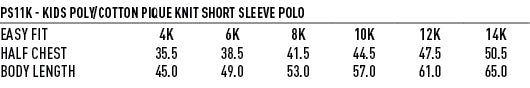 Kids Traditional Polo size chart