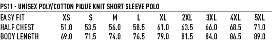 Traditional Unisex Polo size chart