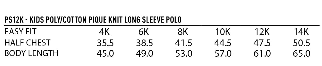 Kids Pique LS Polo size chart