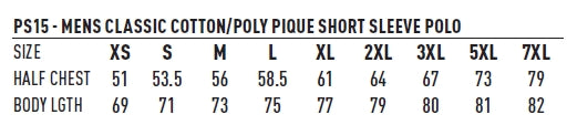 Port Arlington Polo size chart