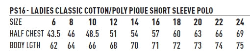 Ladies Port Arlington Polo size chart