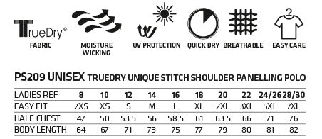 XStreet TrueDry Polo size chart