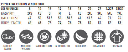 Cooldry Vented Polo size chart