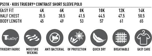Kids TrueDry Winner Polo size chart