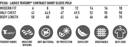 Ladies TrueDry Contrast Polo size chart