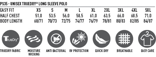 TrueDry Victory LS Polo size chart