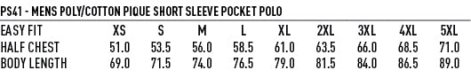 Unisex Pocket Polo size chart