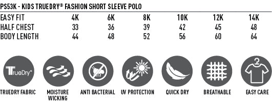 Kids Legend Polo size chart