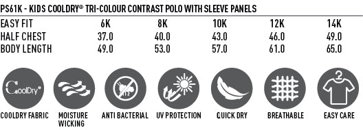 Kids Cooldry Alliance Polo size chart