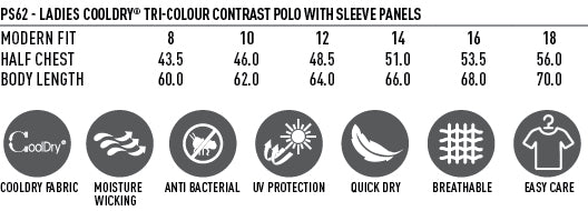 Ladies CoolDry Allies Polo size chart