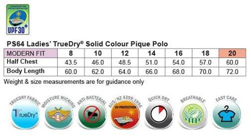 Ladies Heathmont TrueDry Polo size chart