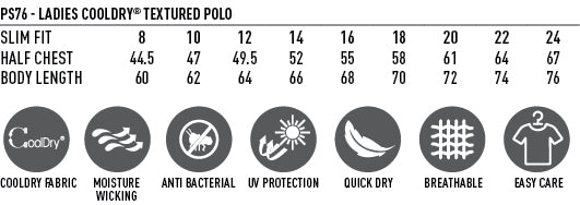 Ladies Icon CoolDry Textured Polo size chart