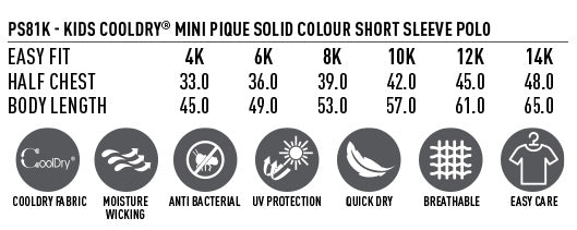 Kids CoolDry Polo size chart