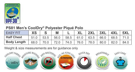 CoolDry Polo size chart
