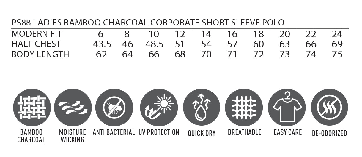 Ladies Bamboo Corporate Polo size chart