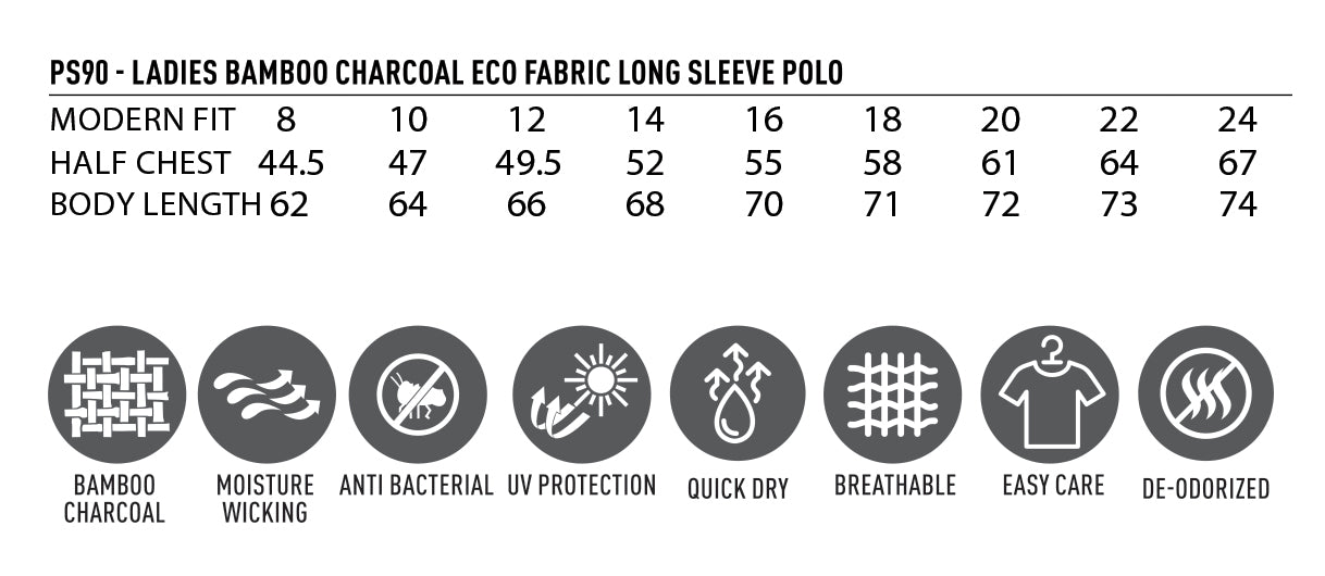 Ladies Bamboo LS Polo size chart