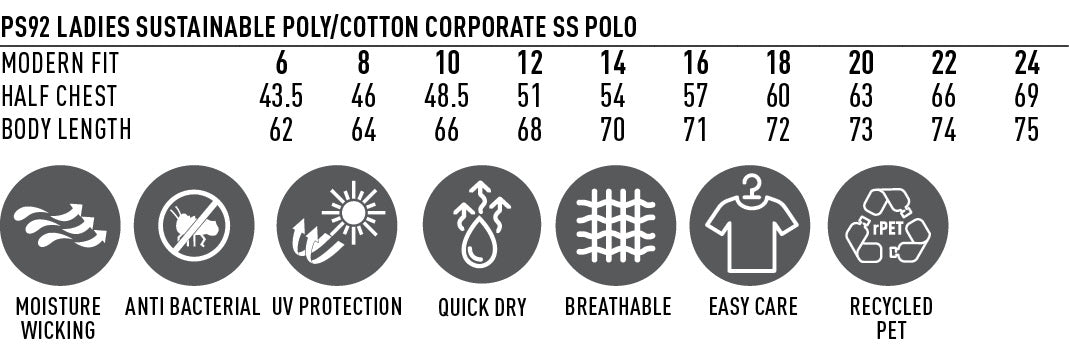 Ladies Sustainable Corporate Polo size chart