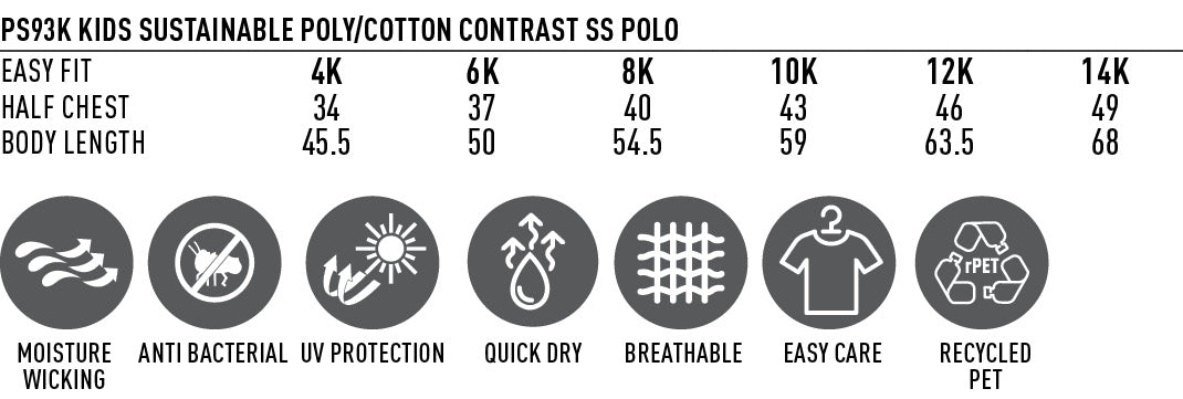 Kids Sustainable Contrast Polo size chart