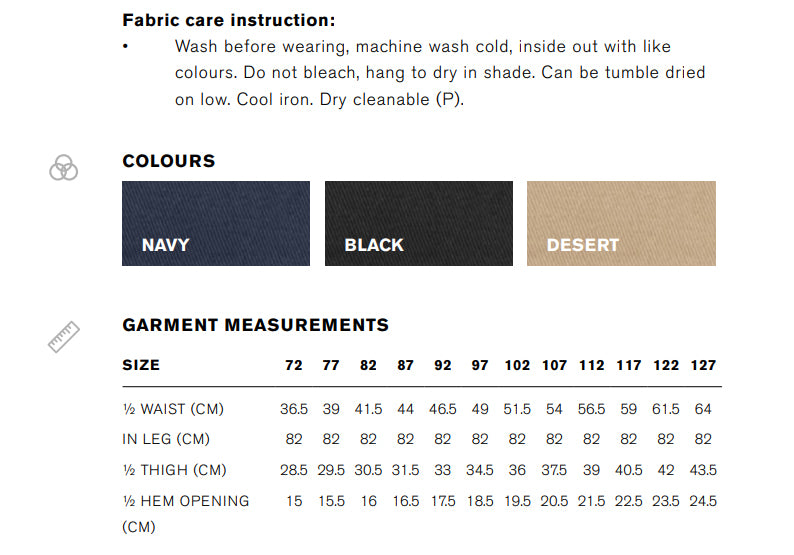 Traveller Modern Stretch Chino Pant size chart