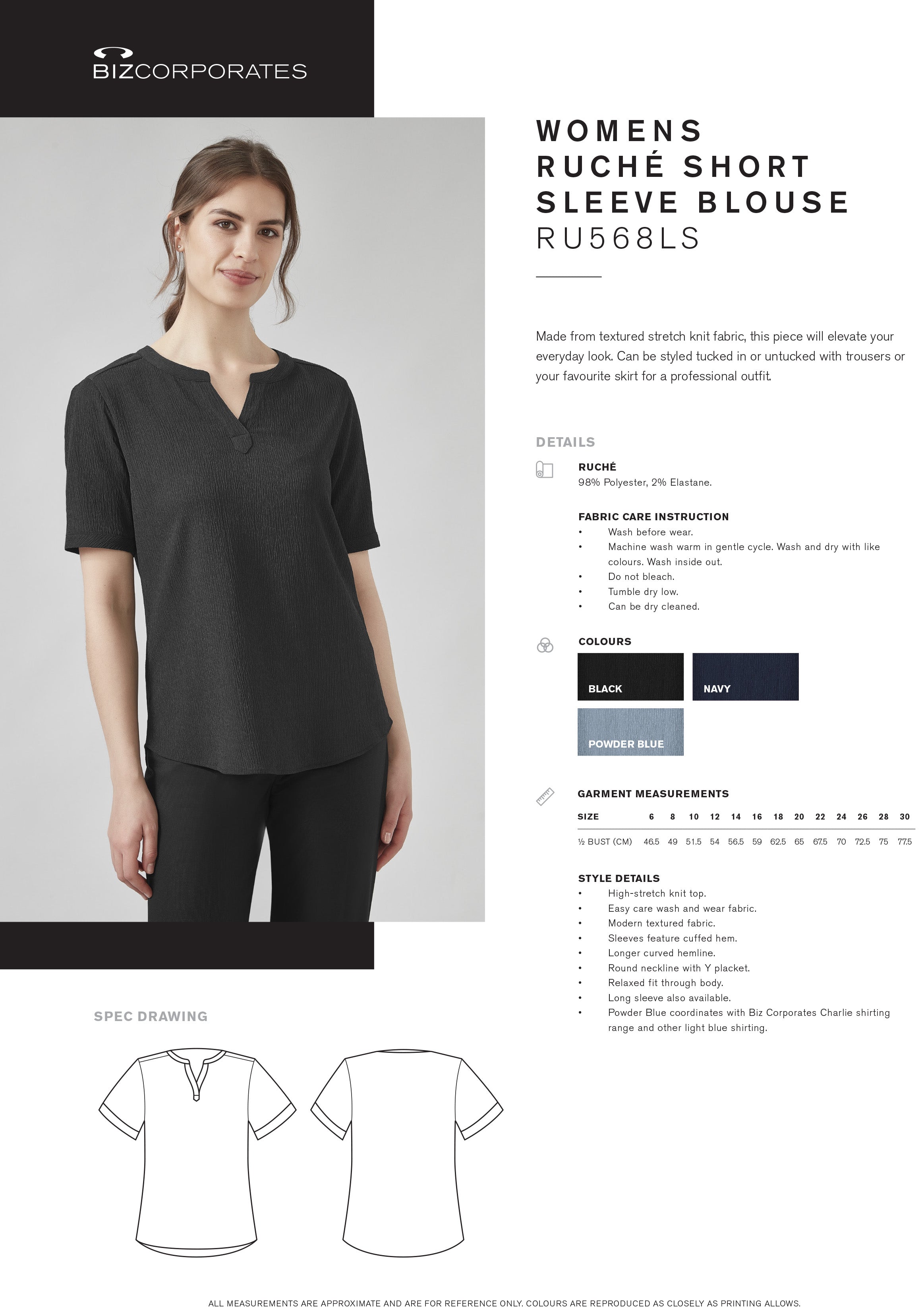 Ruche Short Sleeve Blouse size chart