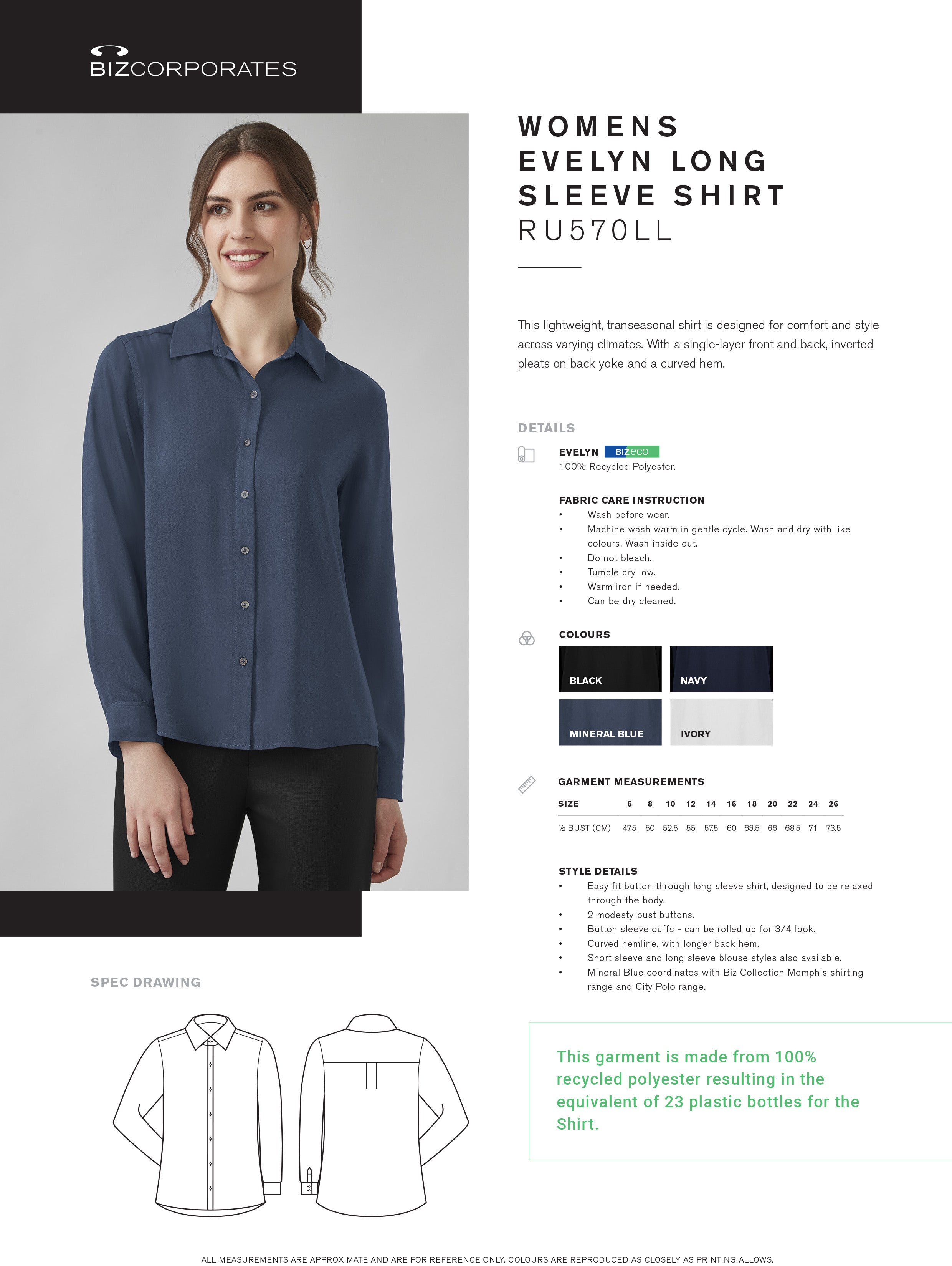 Womens Evelyn Long Sleeve Shirt size chart