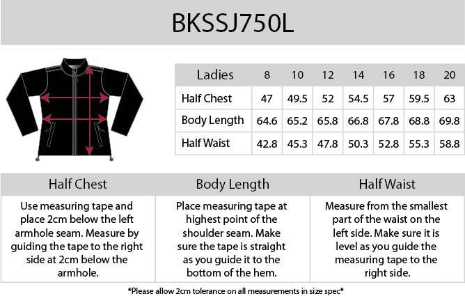 Ladies SoftShell Jacket size chart