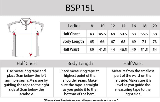 Ladies Auburn Bright Polo size chart