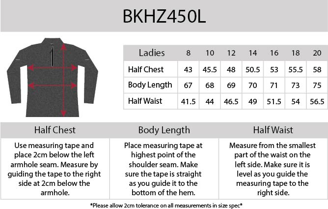 Ladies Half Zip Jumper size chart