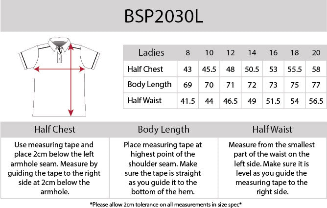 Ladies Campbell Polo size chart