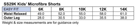Kids Microfibre Sport Shorts size chart