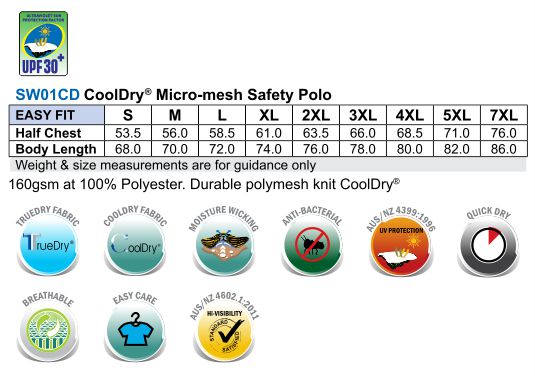 HiVis TrueDry Polo size chart